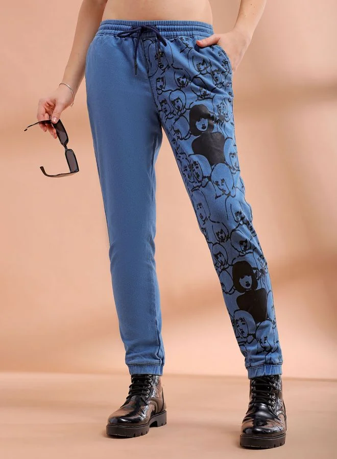 Freehand  Women Regular Fit Placement Print Mid-Rise Denim Joggers for Women | Best Price UAE
