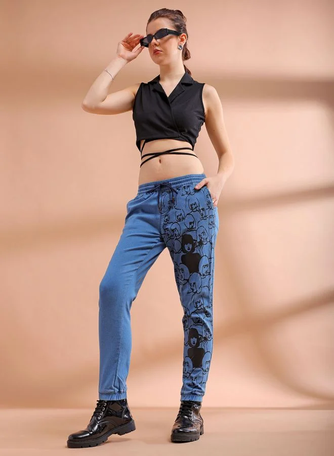Women Regular Fit Placement Print Mid-Rise Denim Joggers