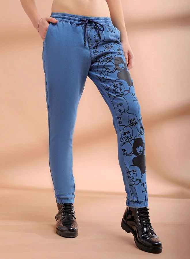 Freehand  Women Regular Fit Placement Print Mid-Rise Denim Joggers for Women | Best Price UAE