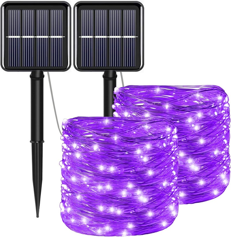 YAOZHOU Solar Christmas Halloween String Lights Purple Outdoor Waterproof 2Pack Total 200Led 8 Modes Copper String Lights Fairy Lights for Valentine's Day Garden, Patio, Fence, Balcony, Outdoors - Image 1