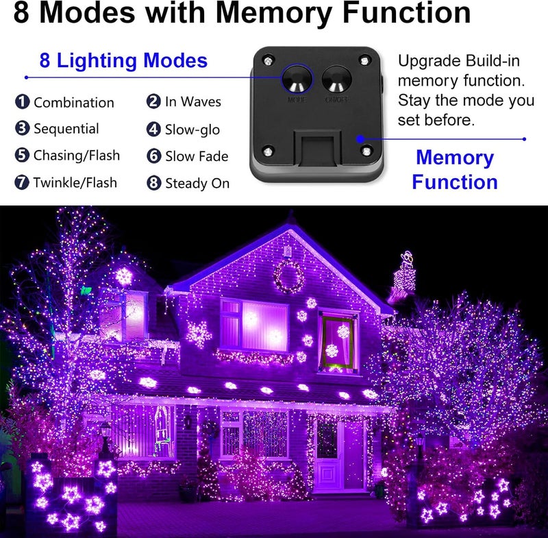 YAOZHOU Solar Christmas Halloween String Lights Purple Outdoor Waterproof 2Pack Total 200Led 8 Modes Copper String Lights Fairy Lights for Valentine's Day Garden, Patio, Fence, Balcony, Outdoors - Image 4