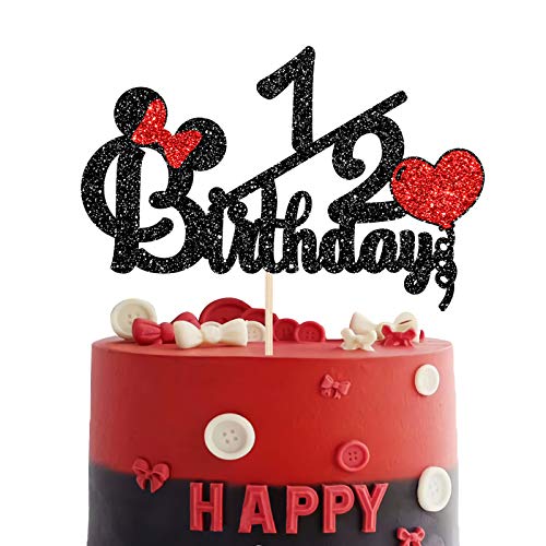 Helewilk Happy 12 Birthday Cake Topper Black and Red Glitter Mouse Theme Baby Shower Sign Carton Theme Cake Decoration 6 Months Birthday Party Supplies for Girls or Boys - Image 1