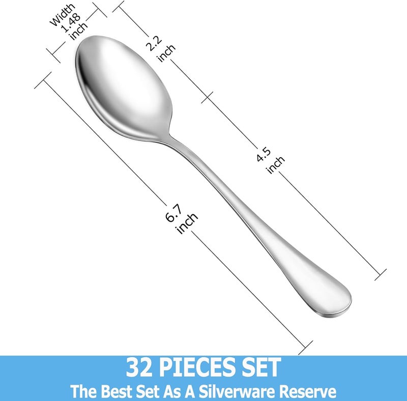 MUTNITT 32 Pcs Teaspoons Set, Food Grade Stainless Steel Tea Spoons, Durable Small Spoons, Metal Dessert Spoon, Spoon Silverware for Home, Kitchen or Restaurant, Mirror Polished & Dishwasher Safe, 6.7-Inch - Image 2