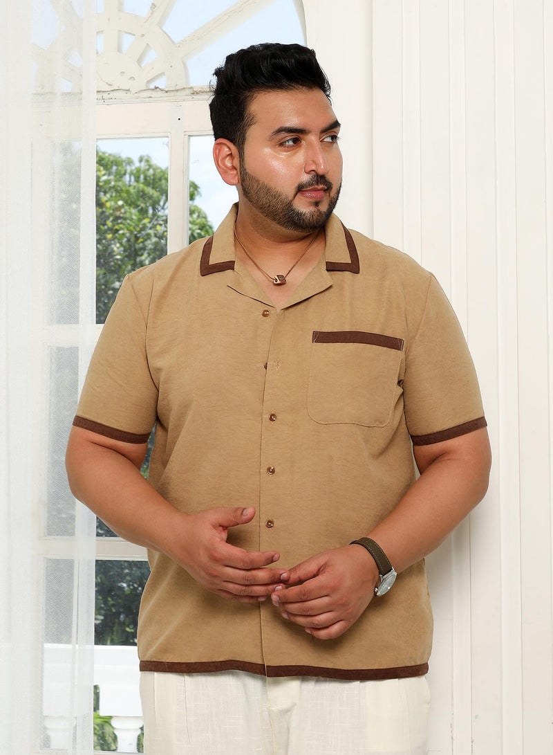 Instafab Plus Men's Tan Brown Contrast-Cuban Shirt For Casual Wear | Cuban Collar | Short Regular Sleeves | Button Closure | Plus Size Shirt Crafted With Comfort Fit For Everyday Wear - Image 2
