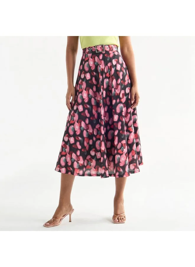 FAV All-Over Print Belted Midi Skirt with Embellished Accent