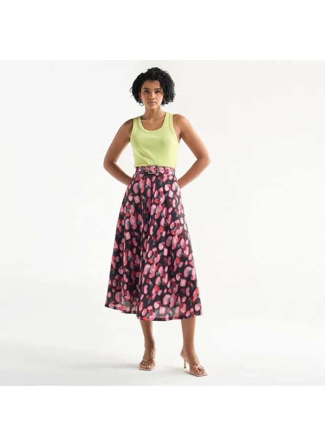 FAV All-Over Print Belted Midi Skirt with Embellished Accent