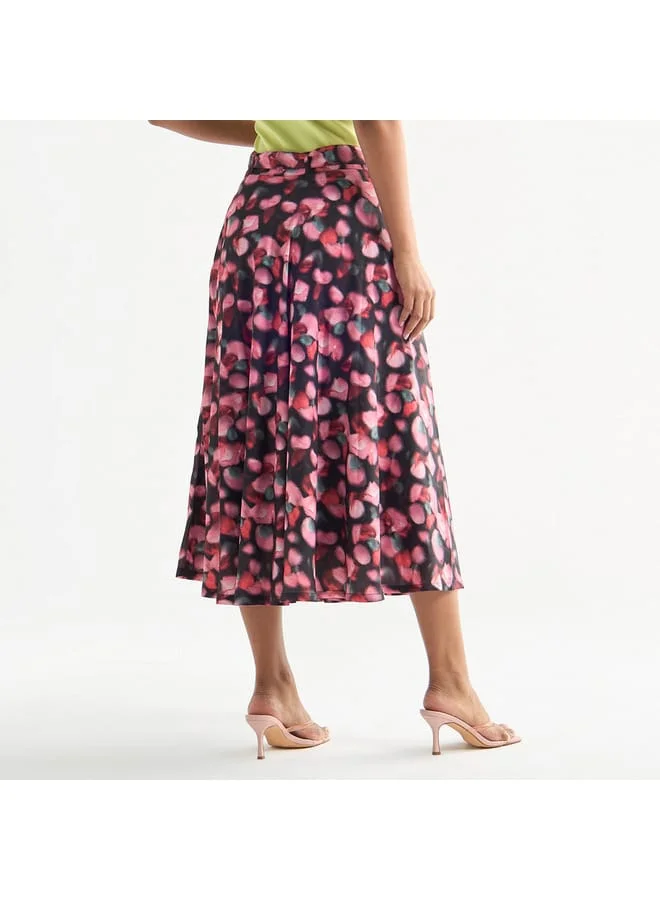 Splash FAV All-Over Print Belted Midi Skirt with Embellished Accent