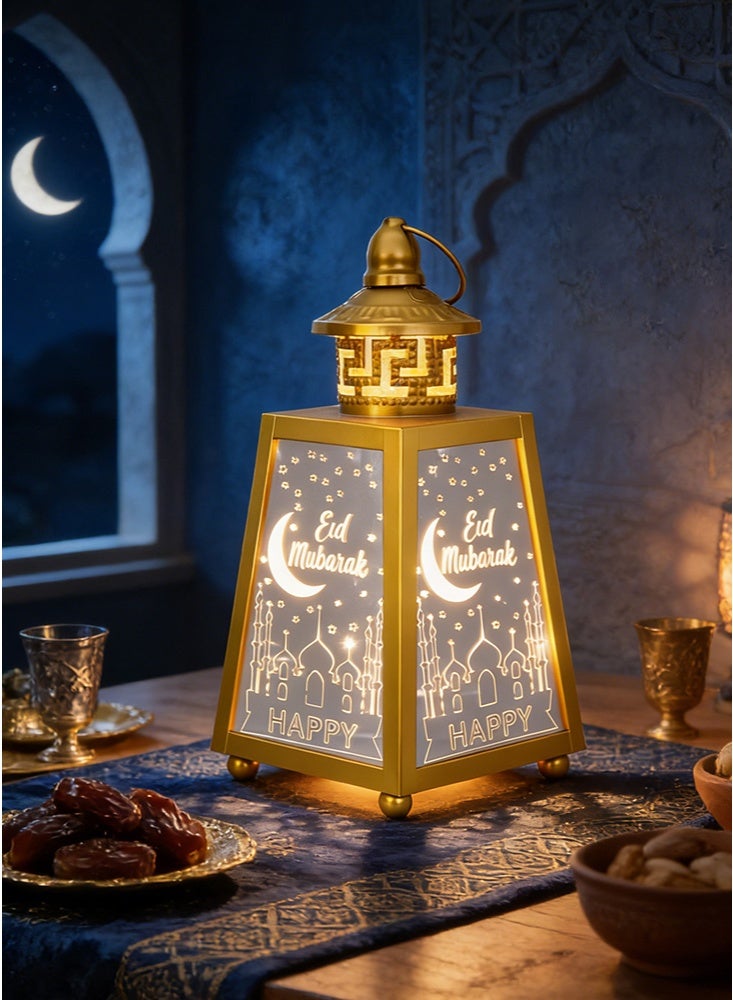 GGEROU Ramadan Lantern with LED Night Light, Retro Iron Wind Lantern Decorative Hanging Night Light Golden Eid Lanterns Home Muslim Islamic Festival Decorations,D - Image 1