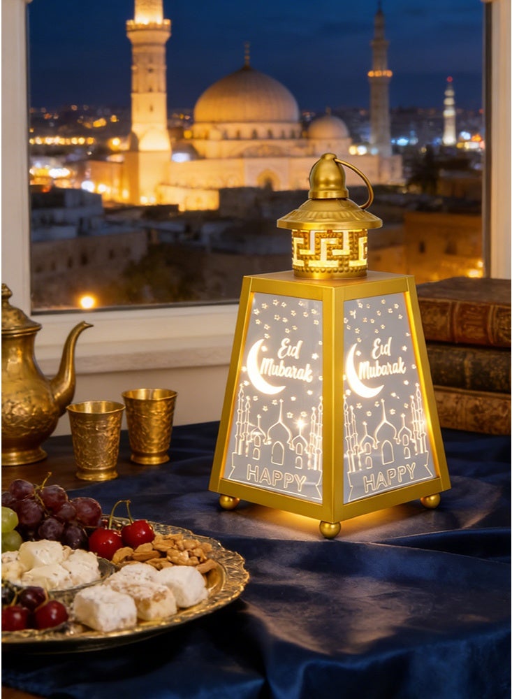 GGEROU Ramadan Lantern with LED Night Light, Retro Iron Wind Lantern Decorative Hanging Night Light Golden Eid Lanterns Home Muslim Islamic Festival Decorations,D - Image 2