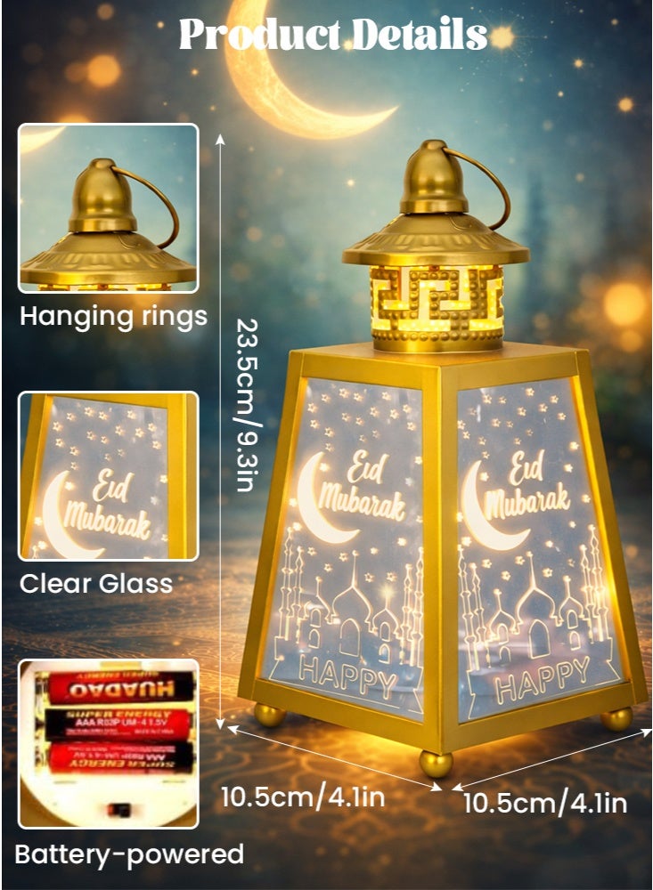 GGEROU Ramadan Lantern with LED Night Light, Retro Iron Wind Lantern Decorative Hanging Night Light Golden Eid Lanterns Home Muslim Islamic Festival Decorations,D - Image 3
