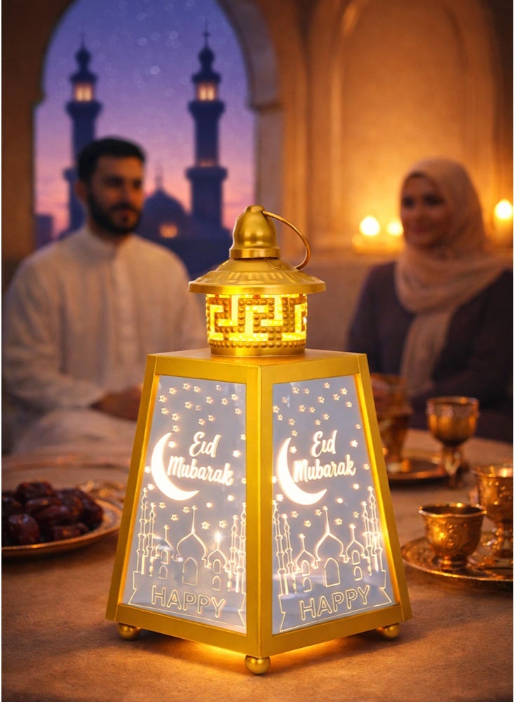 GGEROU Ramadan Lantern with LED Night Light, Retro Iron Wind Lantern Decorative Hanging Night Light Golden Eid Lanterns Home Muslim Islamic Festival Decorations,D - Image 4
