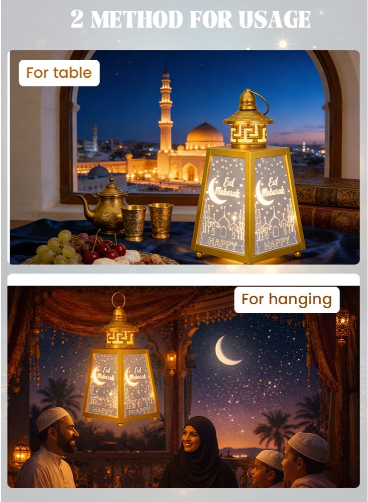 GGEROU Ramadan Lantern with LED Night Light, Retro Iron Wind Lantern Decorative Hanging Night Light Golden Eid Lanterns Home Muslim Islamic Festival Decorations,D - Image 5