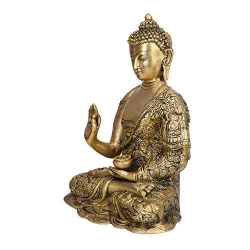 Kartique Brass Life Story Buddha Blessing with Sacred Kalash & Draped in Shawl for Home Decoration Office Table Vastu Showpiece Gold Color 12 Inches Buddha Idol for Home Decor - Image 4