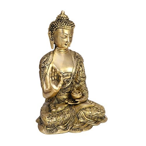 Kartique Brass Life Story Buddha Blessing with Sacred Kalash & Draped in Shawl for Home Decoration Office Table Vastu Showpiece Gold Color 12 Inches Buddha Idol for Home Decor - Image 3