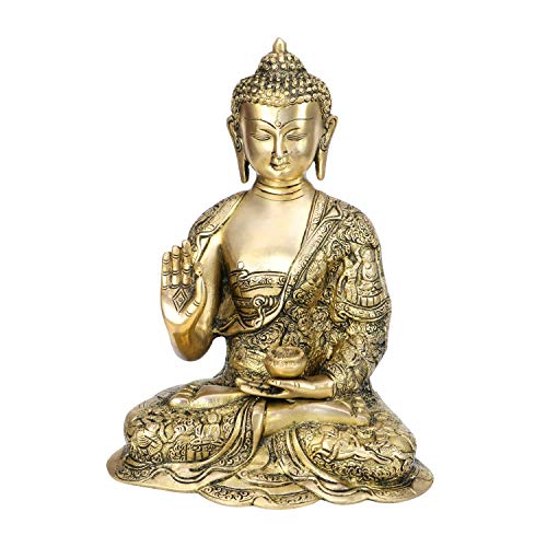 Kartique Brass Life Story Buddha Blessing with Sacred Kalash & Draped in Shawl for Home Decoration Office Table Vastu Showpiece Gold Color 12 Inches Buddha Idol for Home Decor - Image 1