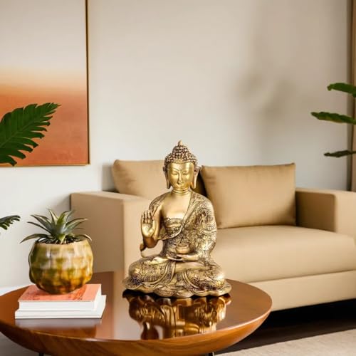 Kartique Brass Life Story Buddha Blessing with Sacred Kalash & Draped in Shawl for Home Decoration Office Table Vastu Showpiece Gold Color 12 Inches Buddha Idol for Home Decor - Image 2