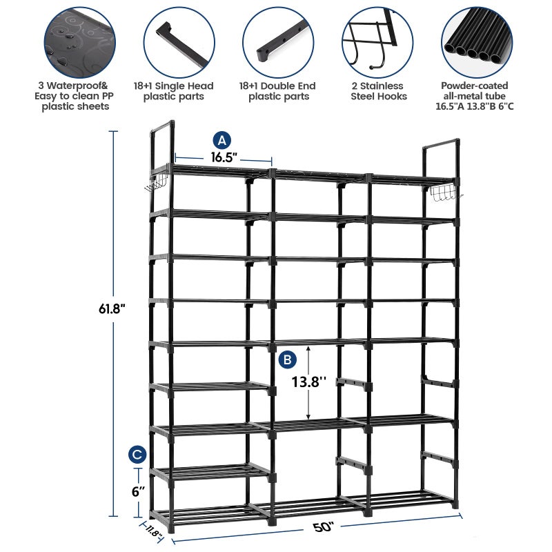 Mavivegue 9-Tier Metal Shoe Rack - Holds 50-55 Pairs, Tall Storage Shelf for Shoes, Boots, Entryway, Closet, Garage - Image 3