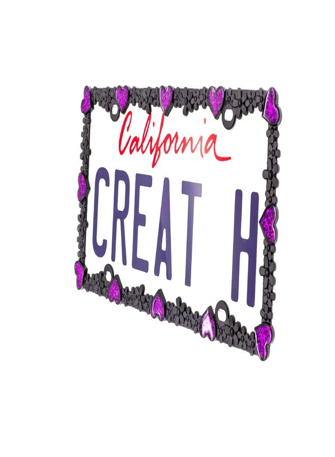 Creathome 3D Shining Daisy Heart License Plate Frame from Pure Zinc Alloy Metal Perfect Plate Holder, Matt Black with Purple Glitter, Luminously Heart - Image 1