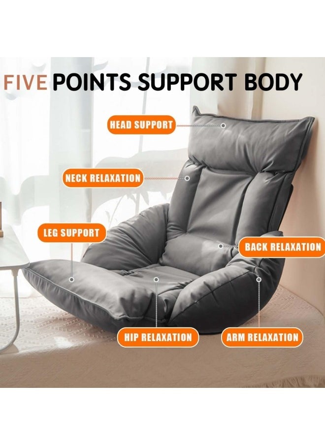 GGEROU Faux Leather Lazy Sofa Japanese Tatami Bed Armchair Removable and Washable Folding Living Room Bay Window Sofa Chair Grey 60x75x127 cm  - Image 2