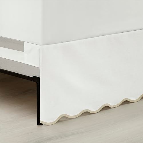 Lush Decor Coastal Chic Scalloped Edge LinenTextured Bed Skirt Single Queen Neutral White White Bed Skirt Queen Size Coastal Decor Wrap Around Bed Skirt - Image 3