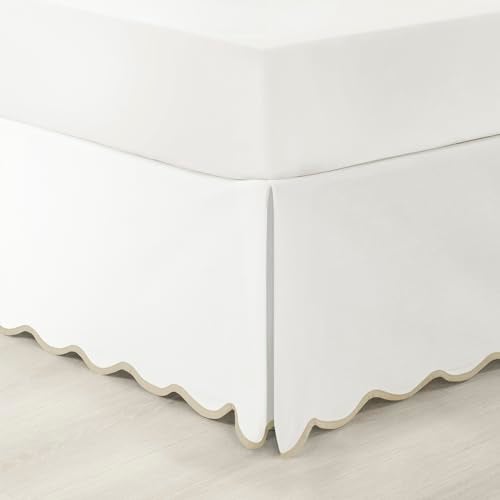 Lush Decor Coastal Chic Scalloped Edge LinenTextured Bed Skirt Single Queen Neutral White White Bed Skirt Queen Size Coastal Decor Wrap Around Bed Skirt - Image 1