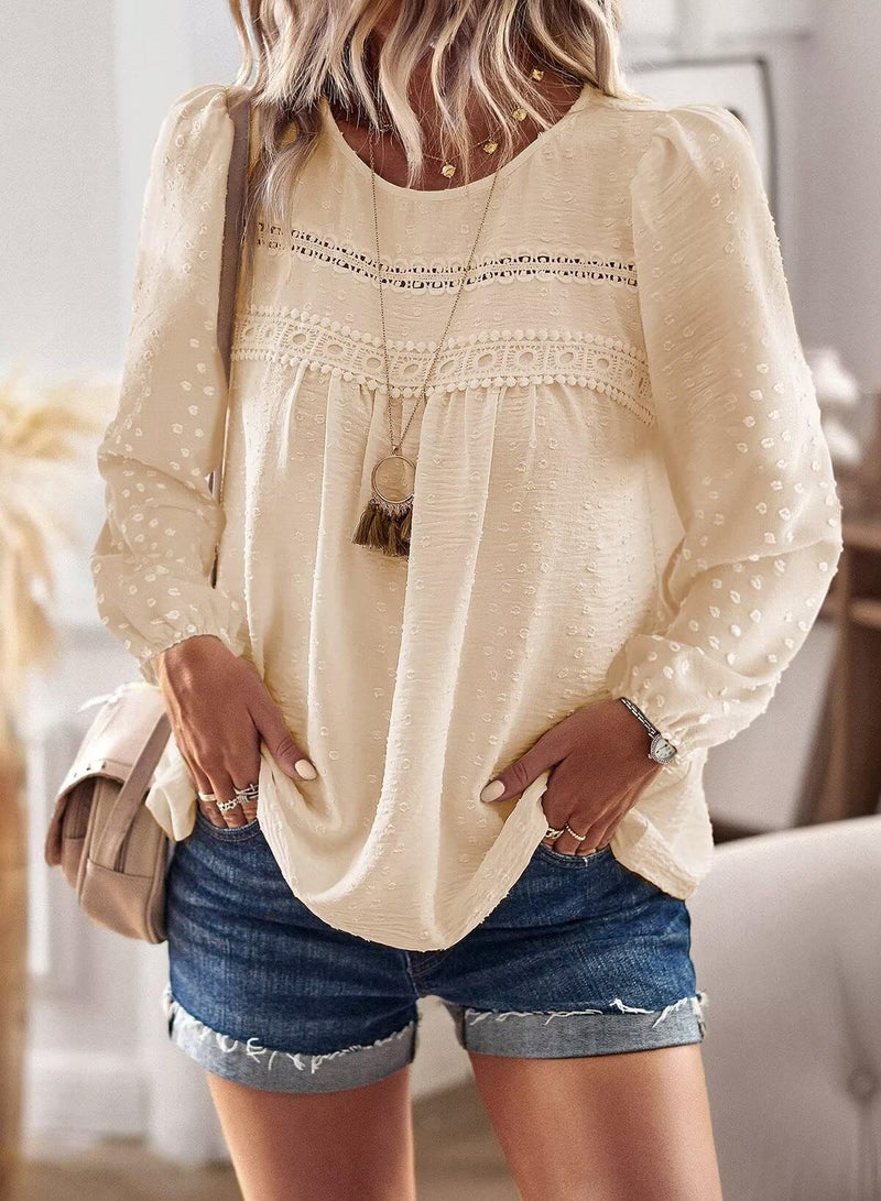 Falechay Cute Fall Tops Solid for Women Ladies Blouses Long Sleeve Pom Pom Babydoll Chiffon Bohemian Crewneck Loose 2026 Apricot XL - Image 5