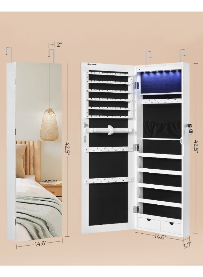 SONGMICS Frameless Mirrored Jewellery Cabinet Armoire, 6 LEDs Jewellery Organiser Wall Hanging or Door Mounted, Large Capacity with 2 Drawers, White - Image 5