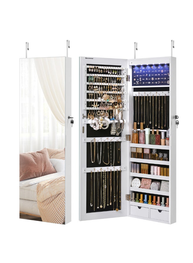 SONGMICS Frameless Mirrored Jewellery Cabinet Armoire, 6 LEDs Jewellery Organiser Wall Hanging or Door Mounted, Large Capacity with 2 Drawers, White - Image 1