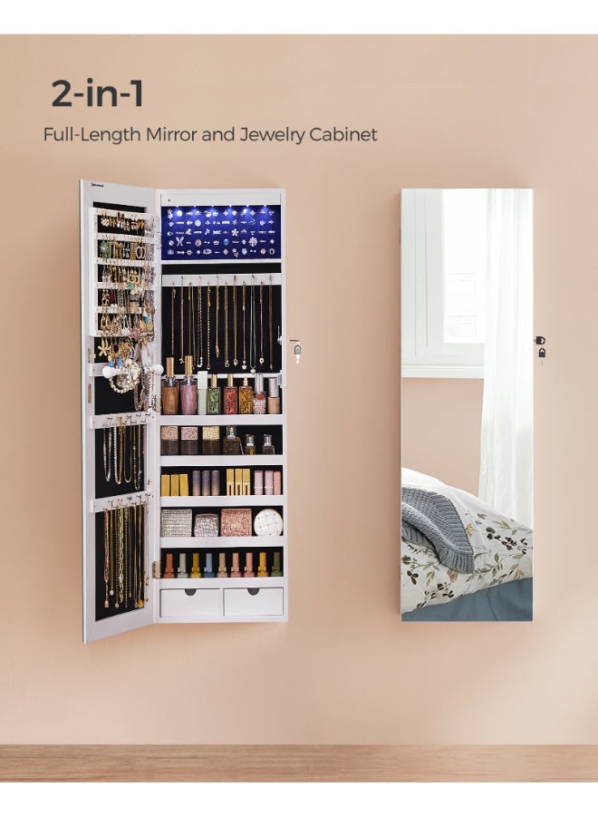 SONGMICS Frameless Mirrored Jewellery Cabinet Armoire, 6 LEDs Jewellery Organiser Wall Hanging or Door Mounted, Large Capacity with 2 Drawers, White - Image 4