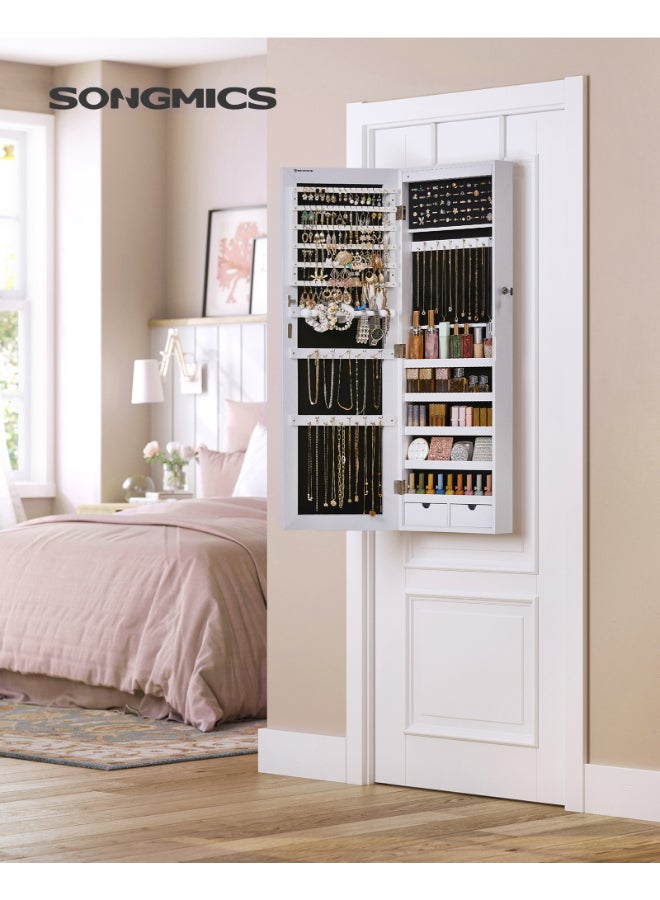 SONGMICS Frameless Mirrored Jewellery Cabinet Armoire, 6 LEDs Jewellery Organiser Wall Hanging or Door Mounted, Large Capacity with 2 Drawers, White - Image 2