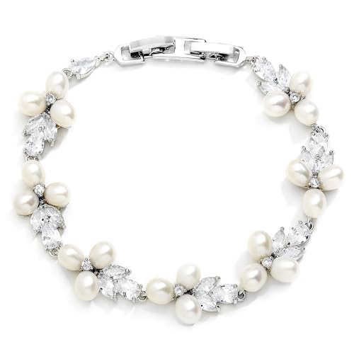 Mariell Freshwater Pearl Bridal Bracelet, 7 1/8" Plus 1/2" Extender, Wedding, Prom Jewelry Gift for Women - Image 1