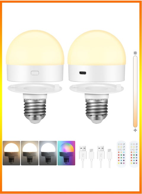 E27 LED Light Bulbs, Rechargeable & Dimmable Light Bulbs with Remote Control, RGB Colorful Changing, Timing Function, Magnetic Detachable Battery Operated Bulb, 2 Pack