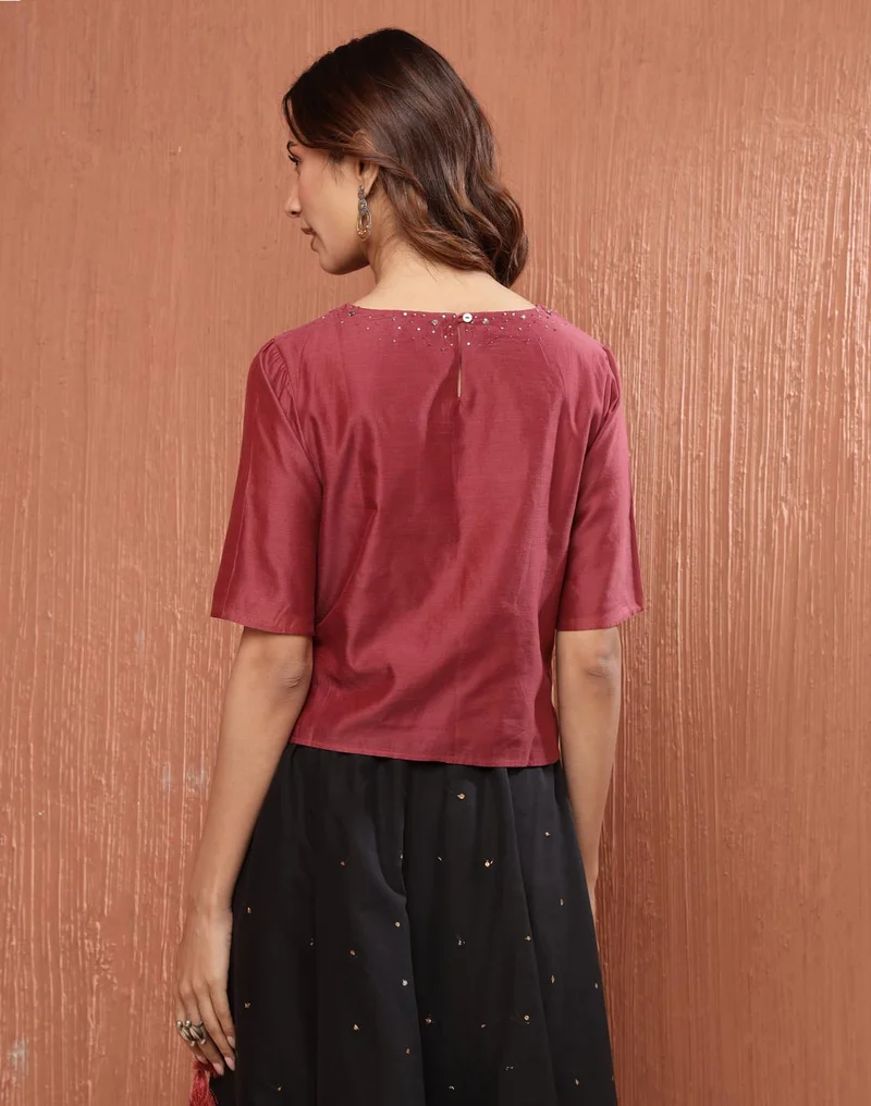 Fabindia Rust Cotton Silk Embroidered Short Top