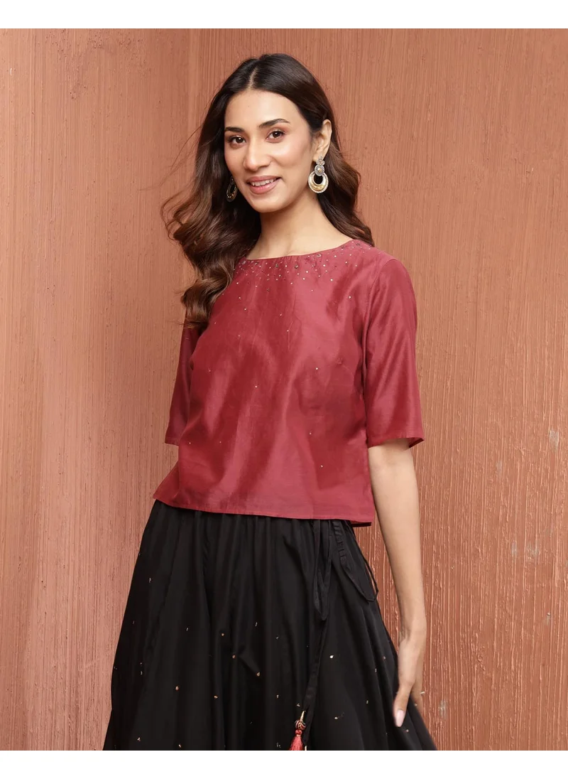 Fabindia Rust Cotton Silk Embroidered Short Top