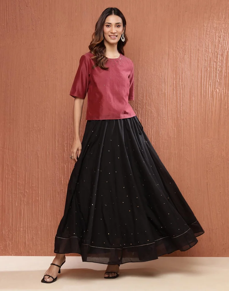 Fabindia Rust Cotton Silk Embroidered Short Top