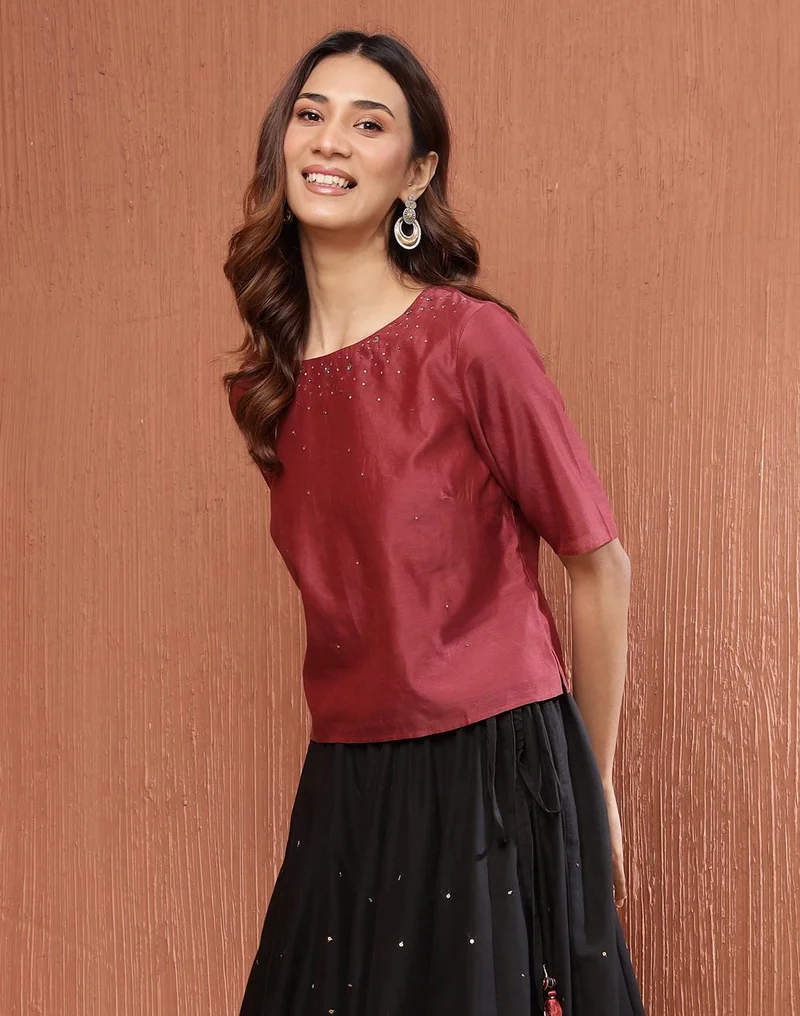 Fabindia Rust Cotton Silk Embroidered Short Top