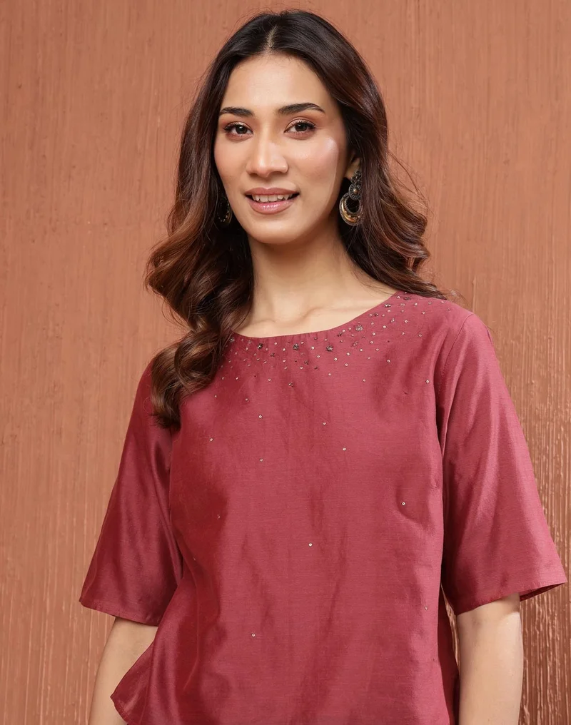 Fabindia Rust Cotton Silk Embroidered Short Top