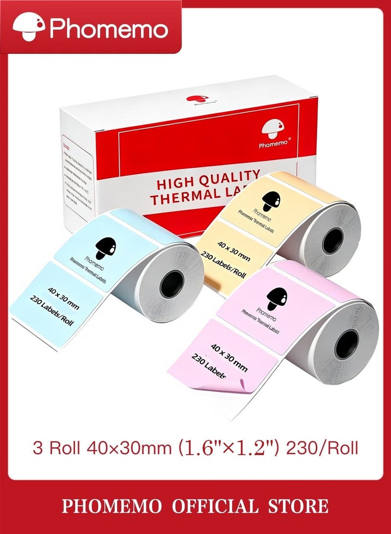 phomemo Thermal Color Label,1.6'' x 1.2''(40mm*30mm), 3 rolls, 230 labels /Roll, Square Self-Adhesive Label Sticker Paper for Phomemo M110 M220 M221 M120 M200 Label Maker, for Barcode,Name,Price,Address (Pink/Blue/Khaki） - Image 1