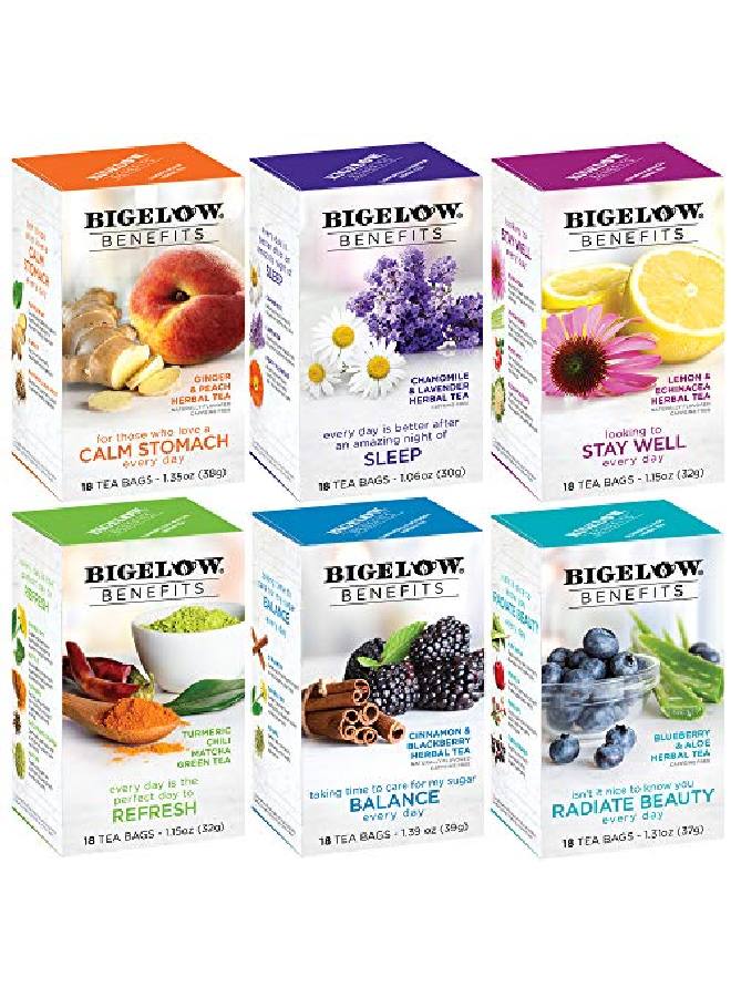 Bigelow Tea Bigelow Benefits Wellness Teas Variety Pack Mixed Caffeinated Green Matcha & Caffeinefree Herbal Tea 18 Count (Pack Of 6) 108 Total Tea Bags - Image 2