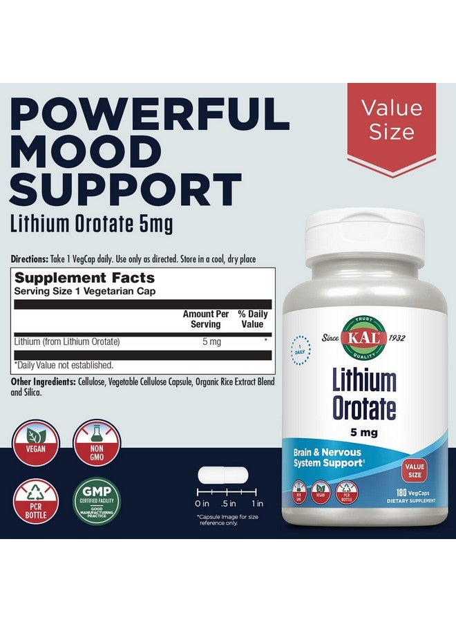 KAL Lithium Orotate 5mg, Low Dose Lithium Supplement for Brain, Nervous System and Mood Support, Chelated and Highly Bioavailable, Vegan, Non-GMO, Organic Rice Extract Blend, 180 Servings, 180 VegCaps - Image 1