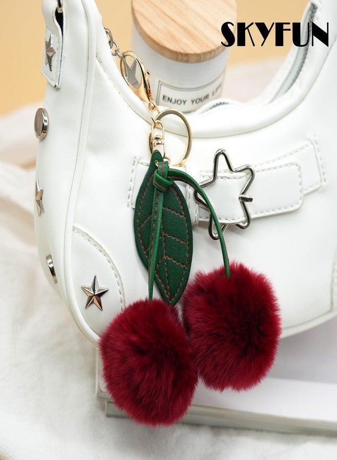 SKYFUN Cute Cherry Keychain Plush Big Fluffy Keychain Bag Charms for Handbags Fuzzy Cherry Ball Purse Charms Wallet Backpack Jewelry Accessories Gift for Birthday Christmas, Wine Red - Image 2