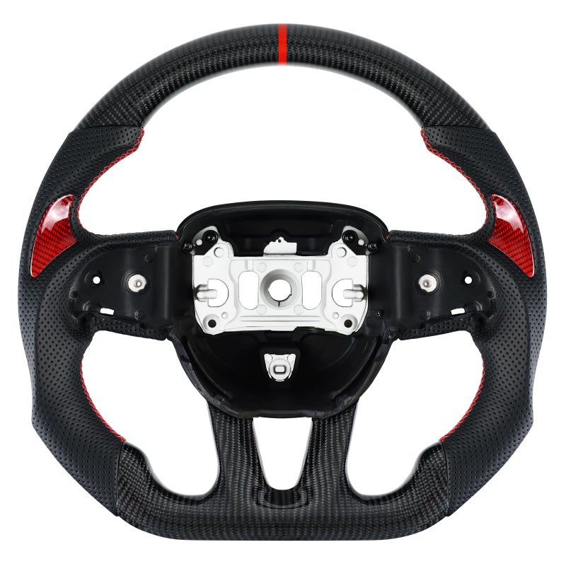 LOSCHEN 3K Real Carbon Fiber Steering Wheel Nappa Perforated Leather Dshaped Flatbottom Steering Wheel for DodgeJeep Grand CherokeeSXTGTRTSRTHELLCATwith Red Patches