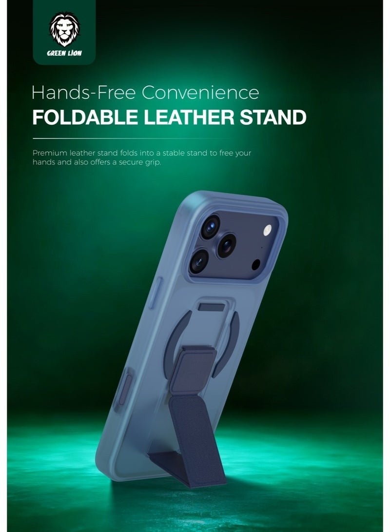 GREEN LION iPhone 17 Pro MagSafe Case GRIP 360 Back Cover / Leather Grip Strap / Foldable Stand / Strong Magnets / Drop Protection / Camera Protection / Scratch Resistant - Blue Titanium - Image 3