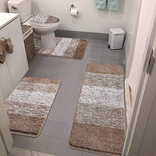 Bathroom Rugs Sets 4 Piece with Toilet Lid Cover NonSlip Absorbentb Rugs and Mats for Bathroom Microfiber Shaggy Machine Washable Bath Rug Set Coffee