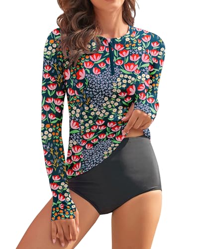 WOWENY Women Rash Guard Long Sleeve Swimsuit Top UPF 50 Sun Protection Swim Shirts Half Zip Bathing Suit No Bottom(A-Blue | Tulip, Medium) - Image 1