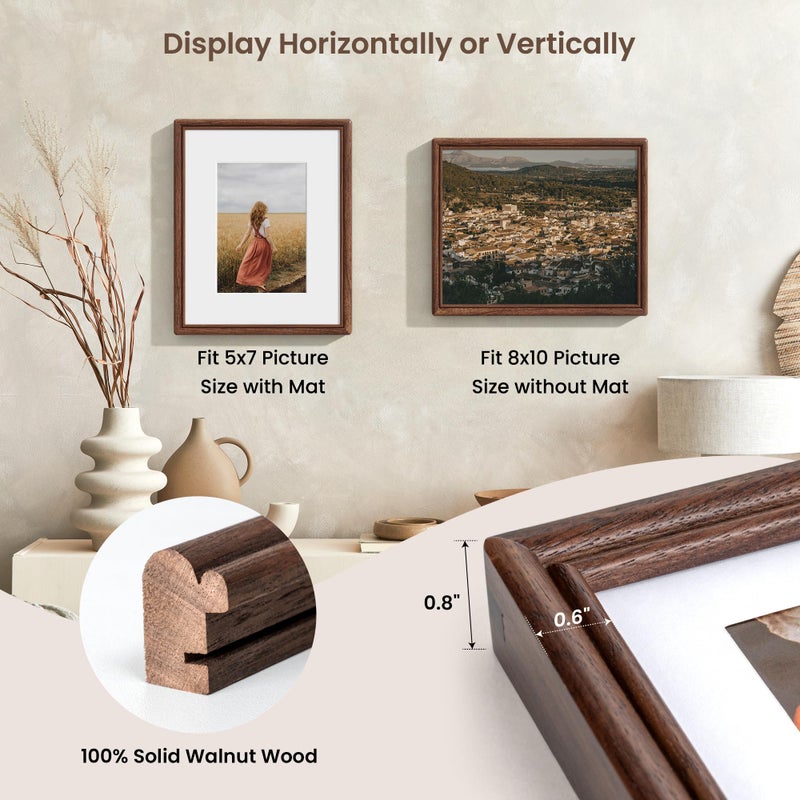 RICHFOCUS 8x10 Picture Frame, Natural USA-Sourced Solid Walnut Wood Picture Frame with Tempered Glass, Handcrafted Rounded Corner 8 by 10 Wooden Frame Matted to 5x7 Photo for Wall & Tabletop Display - Image 4