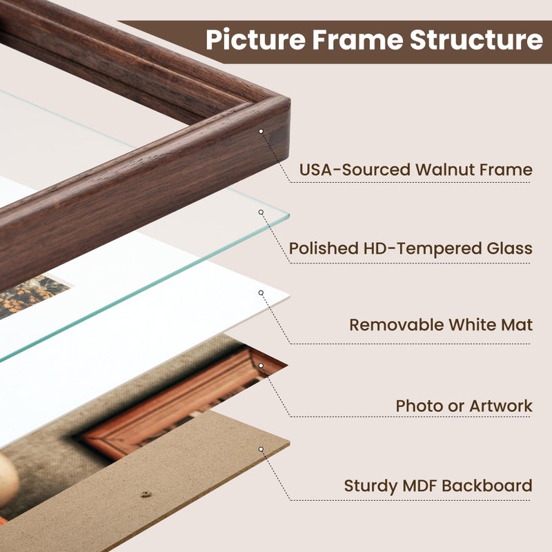 RICHFOCUS 8x10 Picture Frame, Natural USA-Sourced Solid Walnut Wood Picture Frame with Tempered Glass, Handcrafted Rounded Corner 8 by 10 Wooden Frame Matted to 5x7 Photo for Wall & Tabletop Display - Image 5