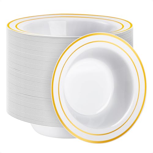 Goodluck 100 Pack Plastic Bowls with Gold Rim, 12oz Disposable Soup Bowls, Heavy Duty Dessert Bowls for Weddings, Parties, Dinners, Catering, Thanksgiving and Everyday Use - Image 1