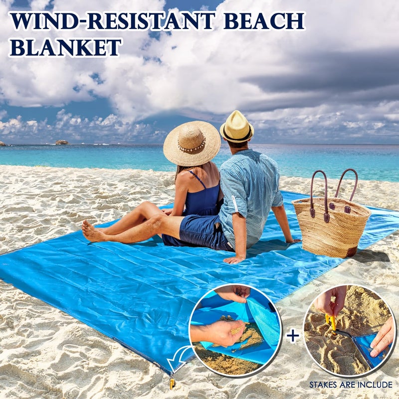 Fammart Beach Blanket Sandproof Waterproof, Compact Pocket Picnic Blanket, Quick-Drying Lightweight Beach Mat Camping Tarp with Corner Pockets & Stakes for Hiking, Festivals, Outdoor Recreation - Image 2