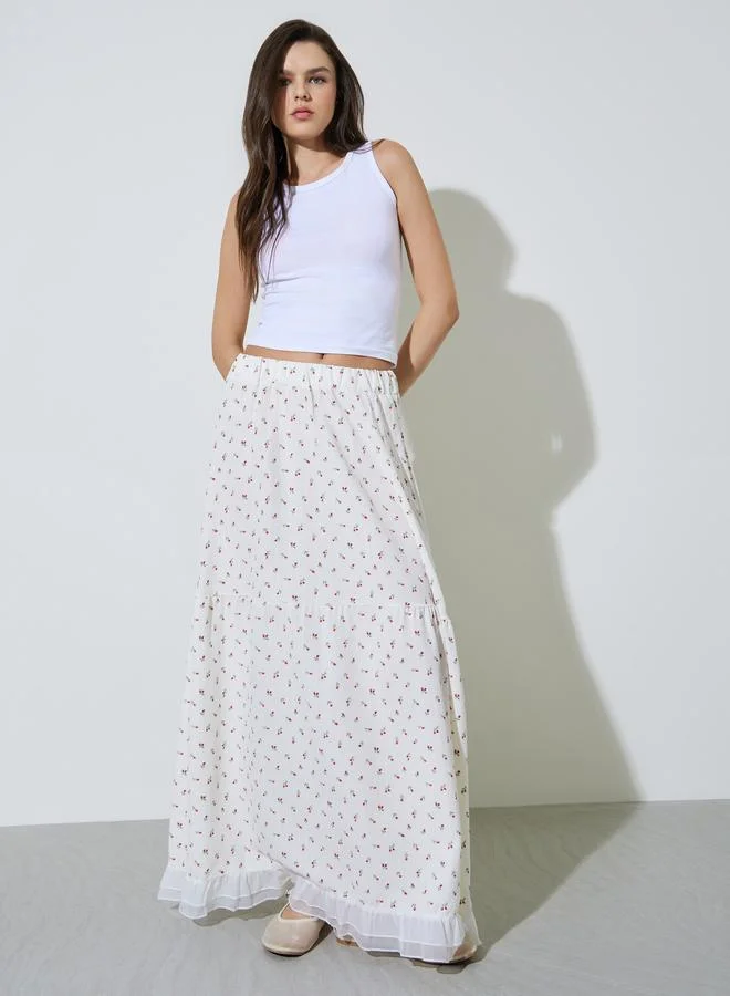 تايك تو White Ditsy Print A-Line Maxi Skirt